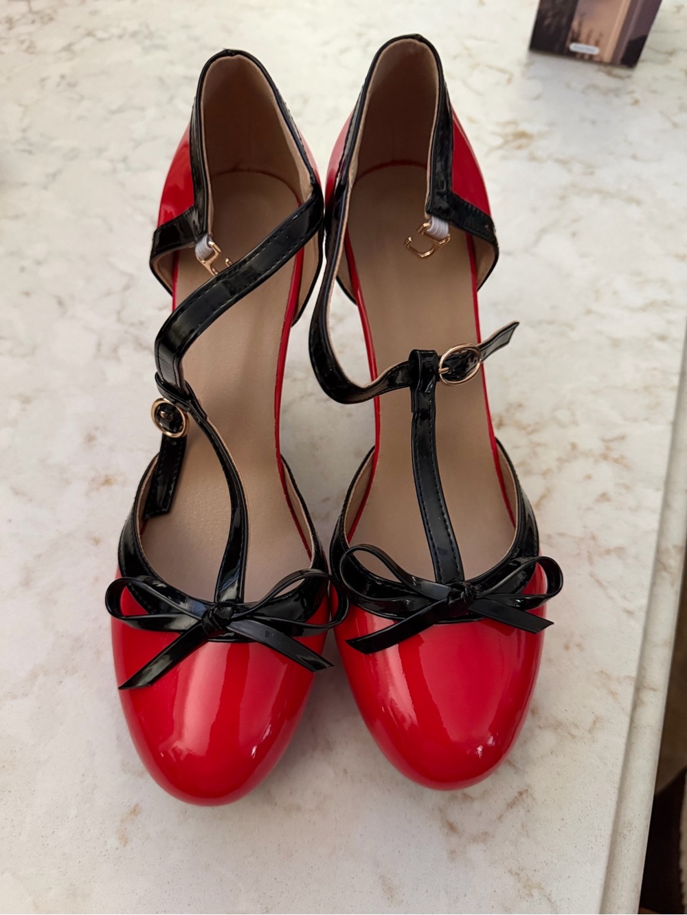 Patent Red and Black T-Strap Bow Pumps - Women